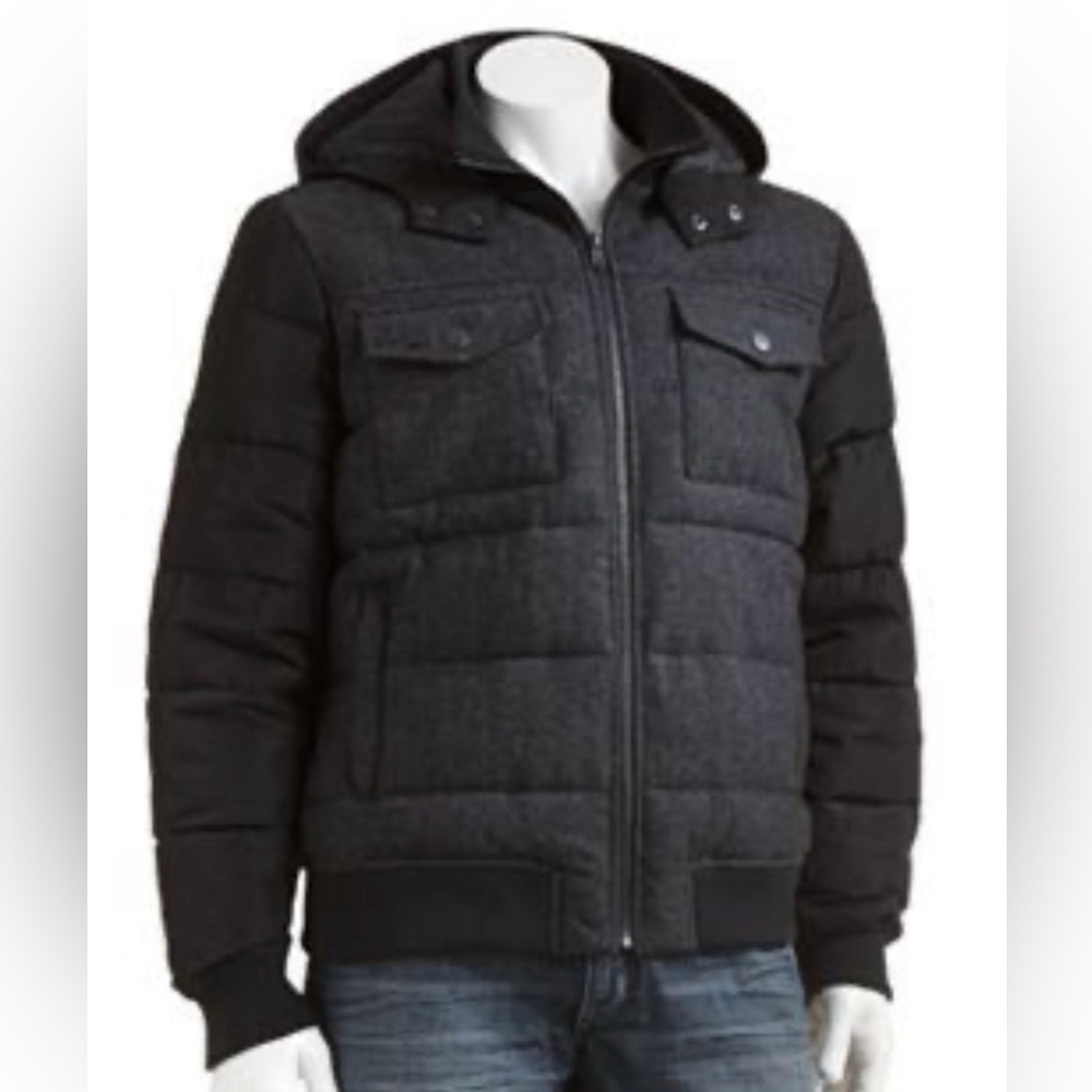Marc Anthony Men’s Quilted Puffer Jacket Wool Herringbone Black XXL Hooded